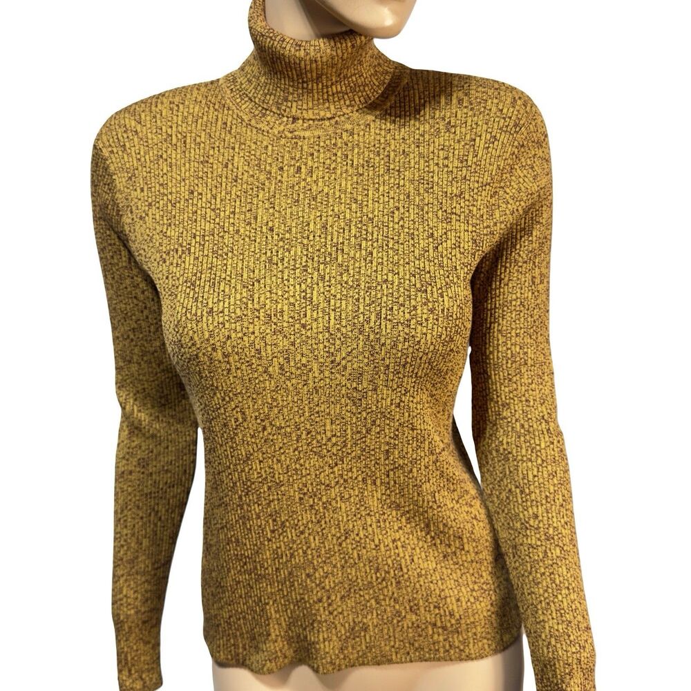 Carlisle 100% Silk Sweater Size M Turtleneck Shoulder Pads Ribbed Mustard Marled